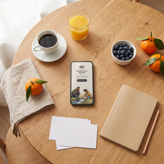 The Raising Future Thinkers ages 11–12 guide open on a phone on a breakfast table