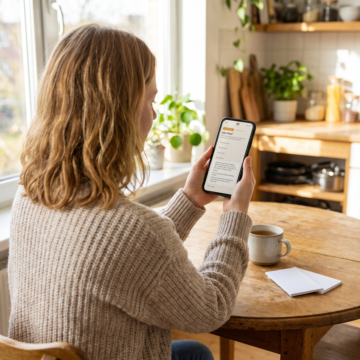 A mother reads the Like What? activity on her phone before playing