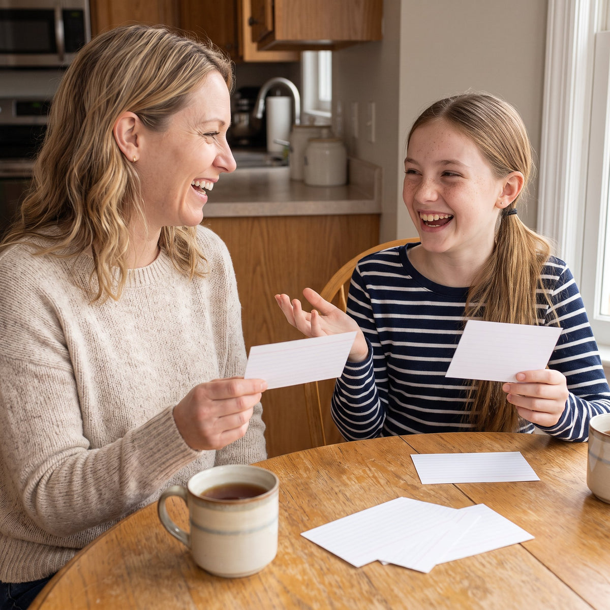 A mother and her 12-year-old daughter laugh over index cards while playing Like What? at the kitchen table