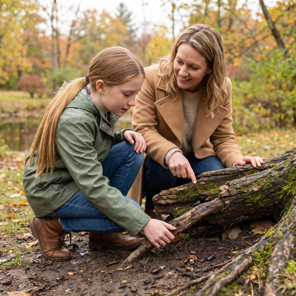 A mother and her daughter lift an old log in the park to see what lives underneath