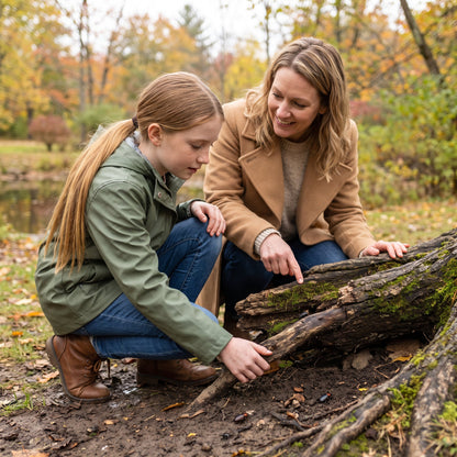 A mother and her daughter lift an old log in the park to see what lives underneath