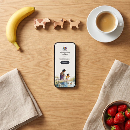 Raising Future Thinkers ages 3–4 guide open on a phone on a breakfast table