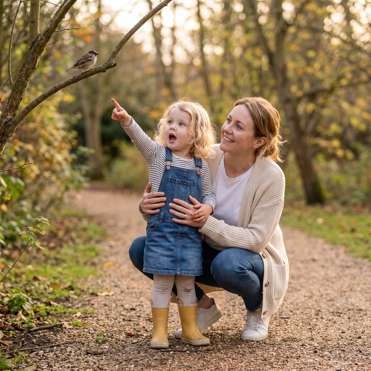 A parent and toddler noticing things together on a walk outdoors