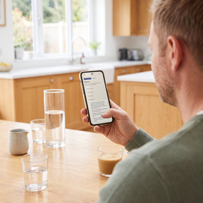 A father reading the Prove It activity on his phone at the kitchen table before playing