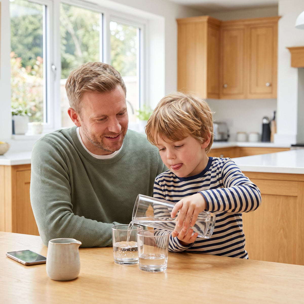 A father and his five-year-old son doing Prove It at the kitchen table, the boy pouring water from a tall glass back into a short one to check