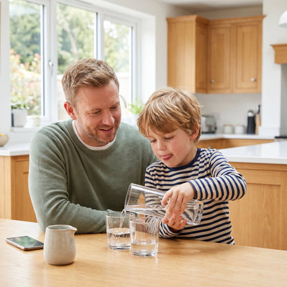 A father and his five-year-old son doing Prove It at the kitchen table, the boy pouring water from a tall glass back into a short one to check