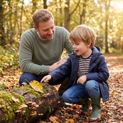 A father and his young son crouched by a mossy log in autumn woods, the boy pointing at a spotted leaf and wondering