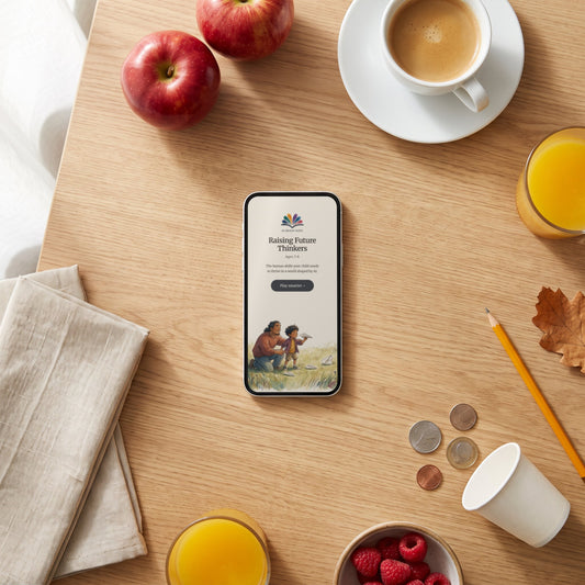The Raising Future Thinkers Ages 7–8 guide open on a phone, on a breakfast table with apples, coffee and coins