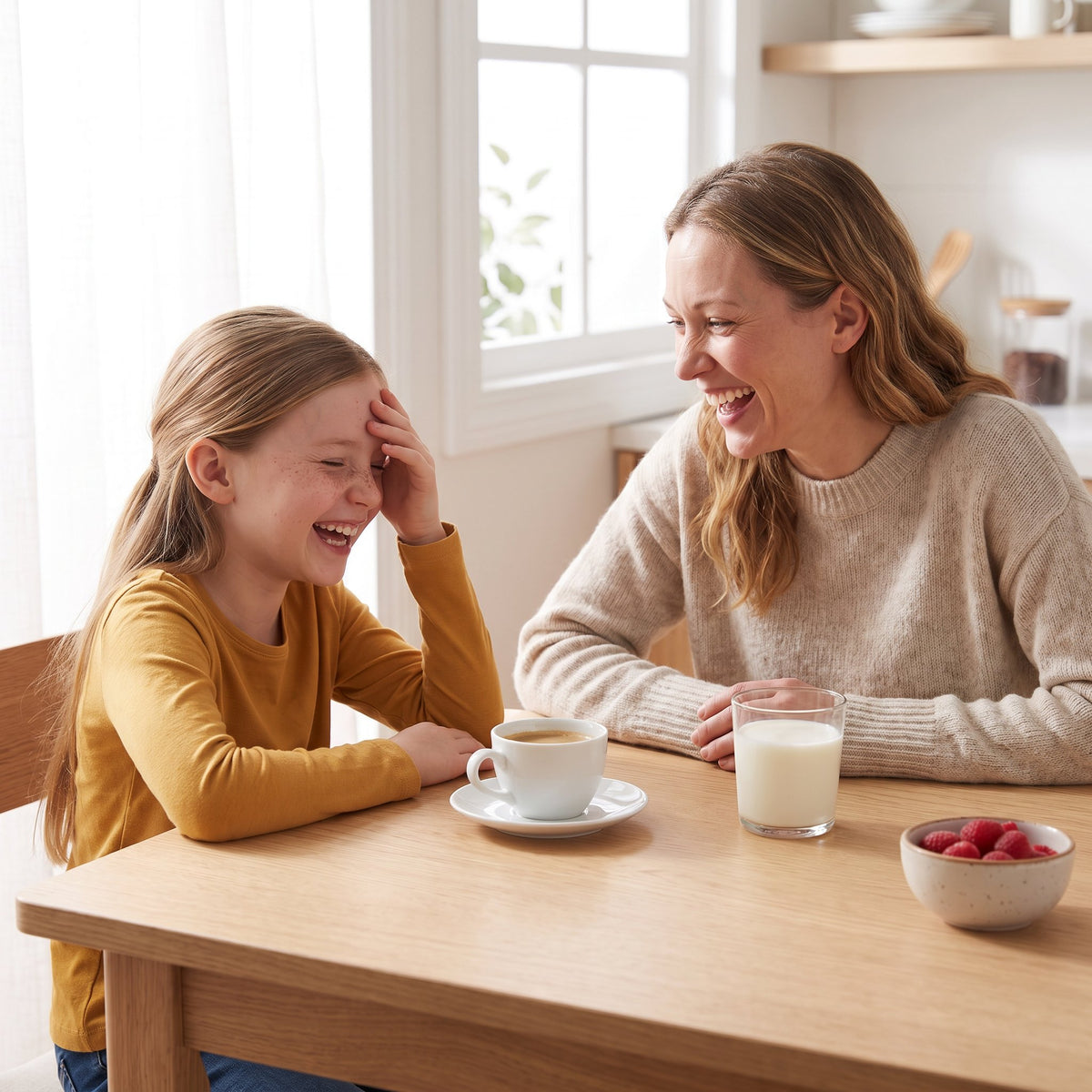 A mother and her 8-year-old daughter laughing at a trick question at the kitchen table
