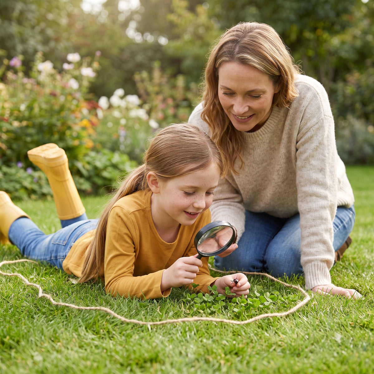 An 8-year-old girl on the grass inside a loop of string, looking at a beetle through a magnifying glass while her mother watches