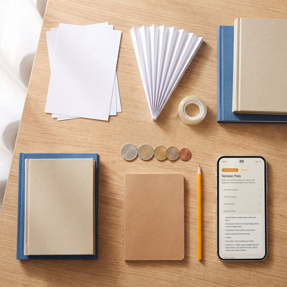 Everything for the Version Two paper bridge activity: paper, tape, books, coins, a notebook and pencil, beside the activity on a phone