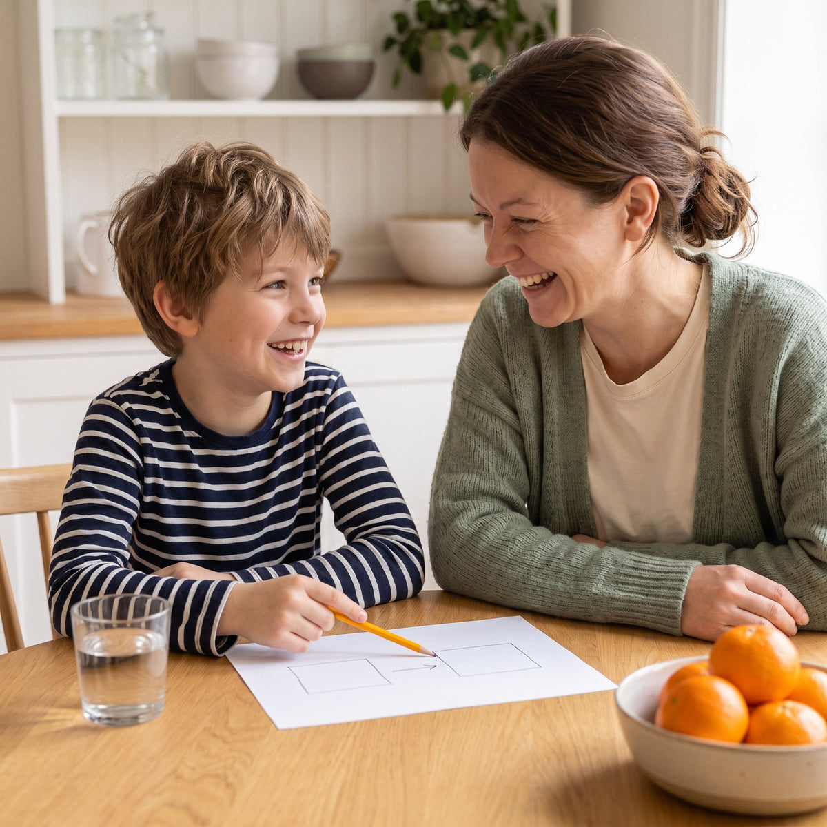 A mother and her son laugh over a two-box drawing while doing Does It Work Backwards? at the kitchen table