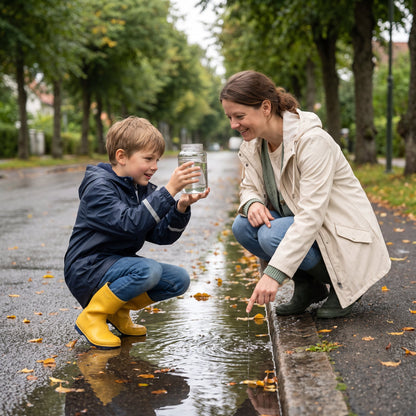 A boy holds up a jar of rainwater as his mother points along the gutter, following the water after rain