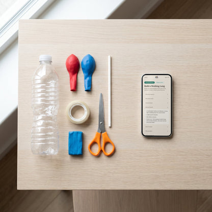 Everything for Build a Working Lung laid out: a bottle, two balloons, a straw, tape, clay and scissors, with the activity on a phone
