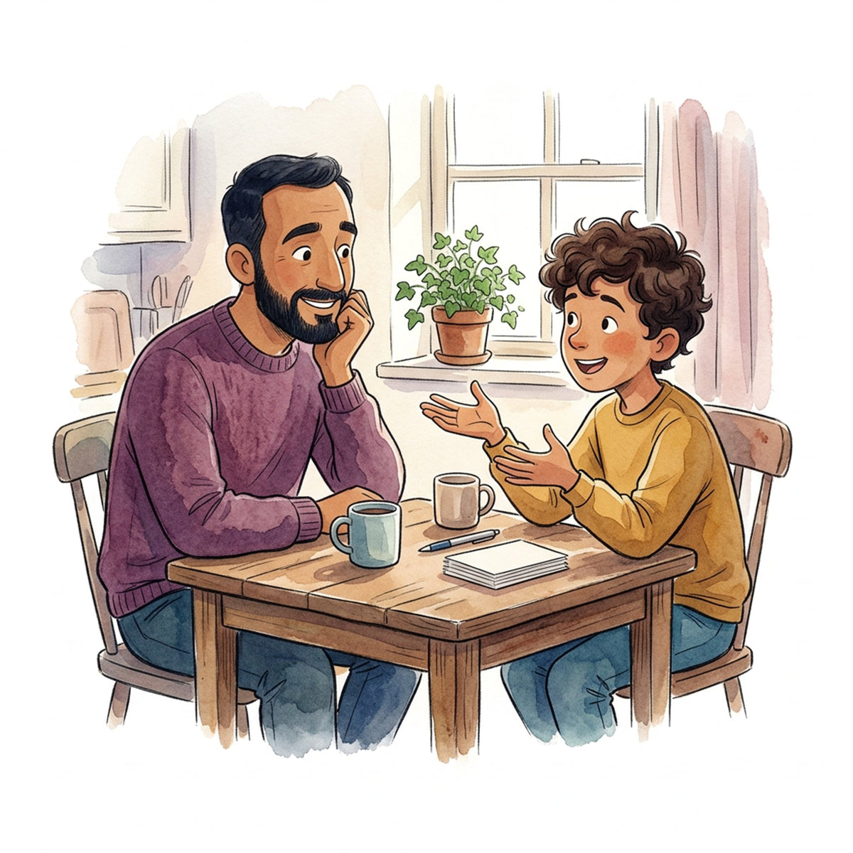Watercolor of a father listening as his son explains an idea at the kitchen table