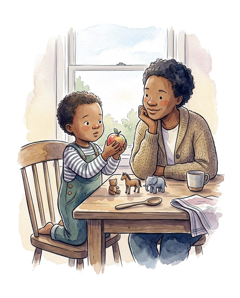 A parent and young child at a kitchen table, the child holding up an apple beside three toy animals