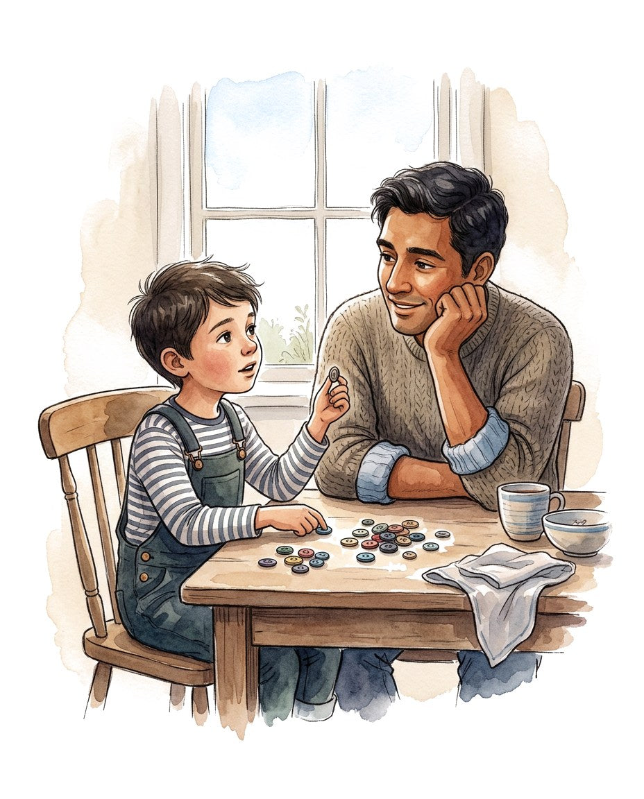 A father and his young son at a kitchen table, the boy sorting buttons and explaining his groups