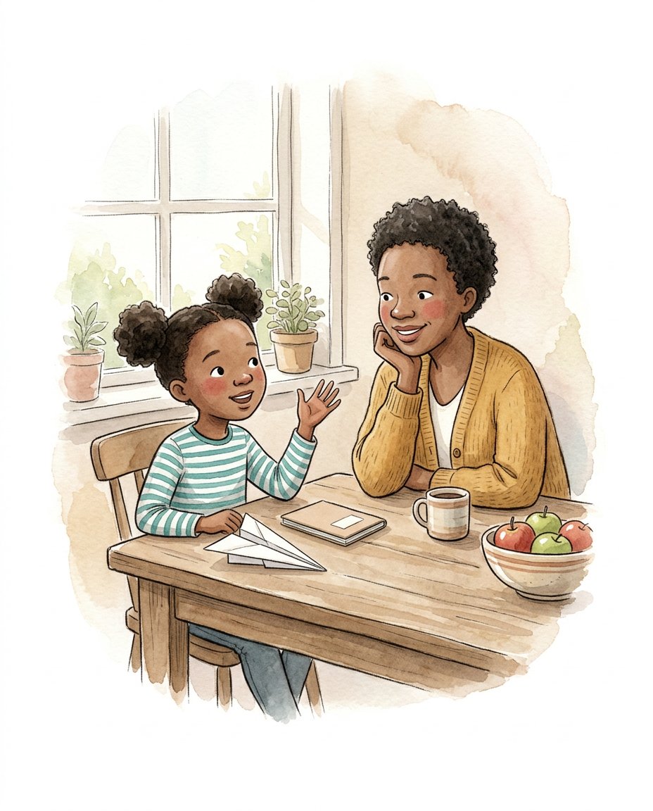 Watercolor of a mother listening to her 8-year-old daughter explain an idea at the kitchen table