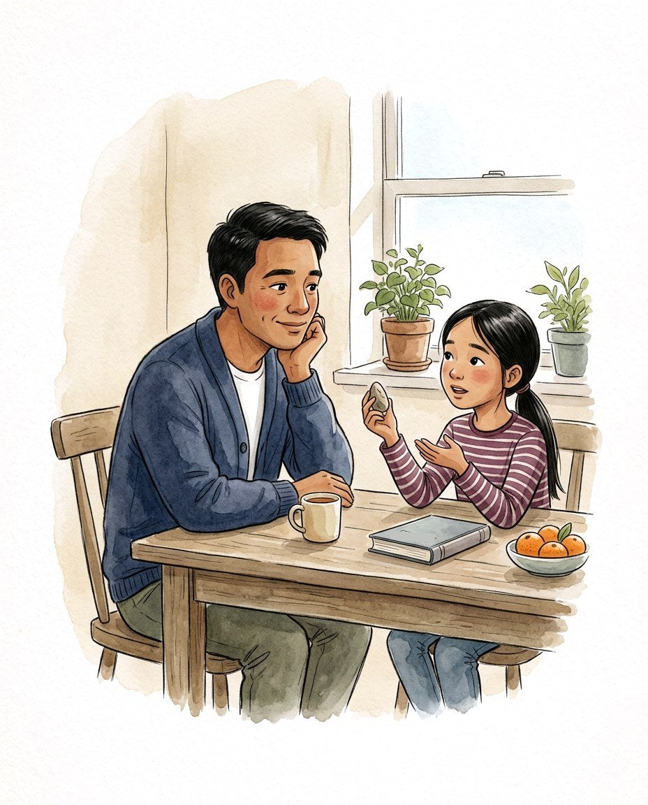 Watercolor of a father listening as his daughter asks a big question at the kitchen table